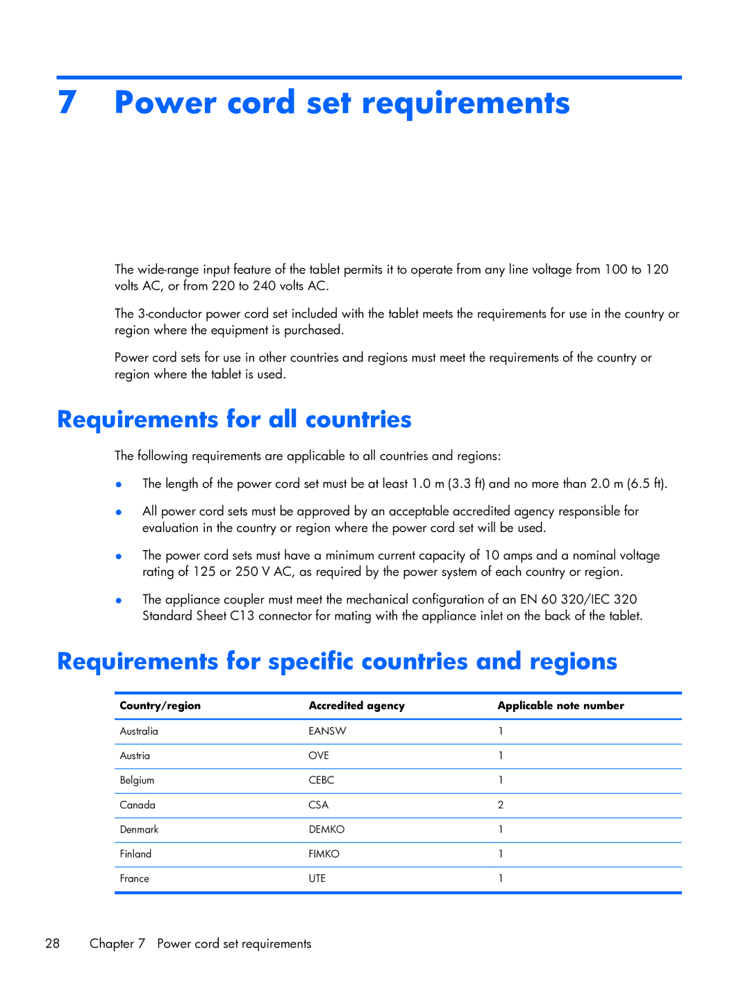 HP 7 Beats 4501us manual Power cord set requirements, Requirements for all countries 