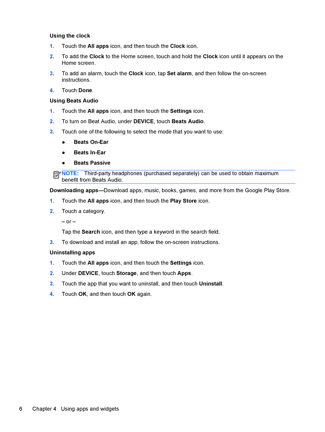HP 7-4600 E4W58ATABA manual Using the clock, Using Beats Audio, Beats On-Ear Beats In-Ear Beats Passive, Uninstalling apps 