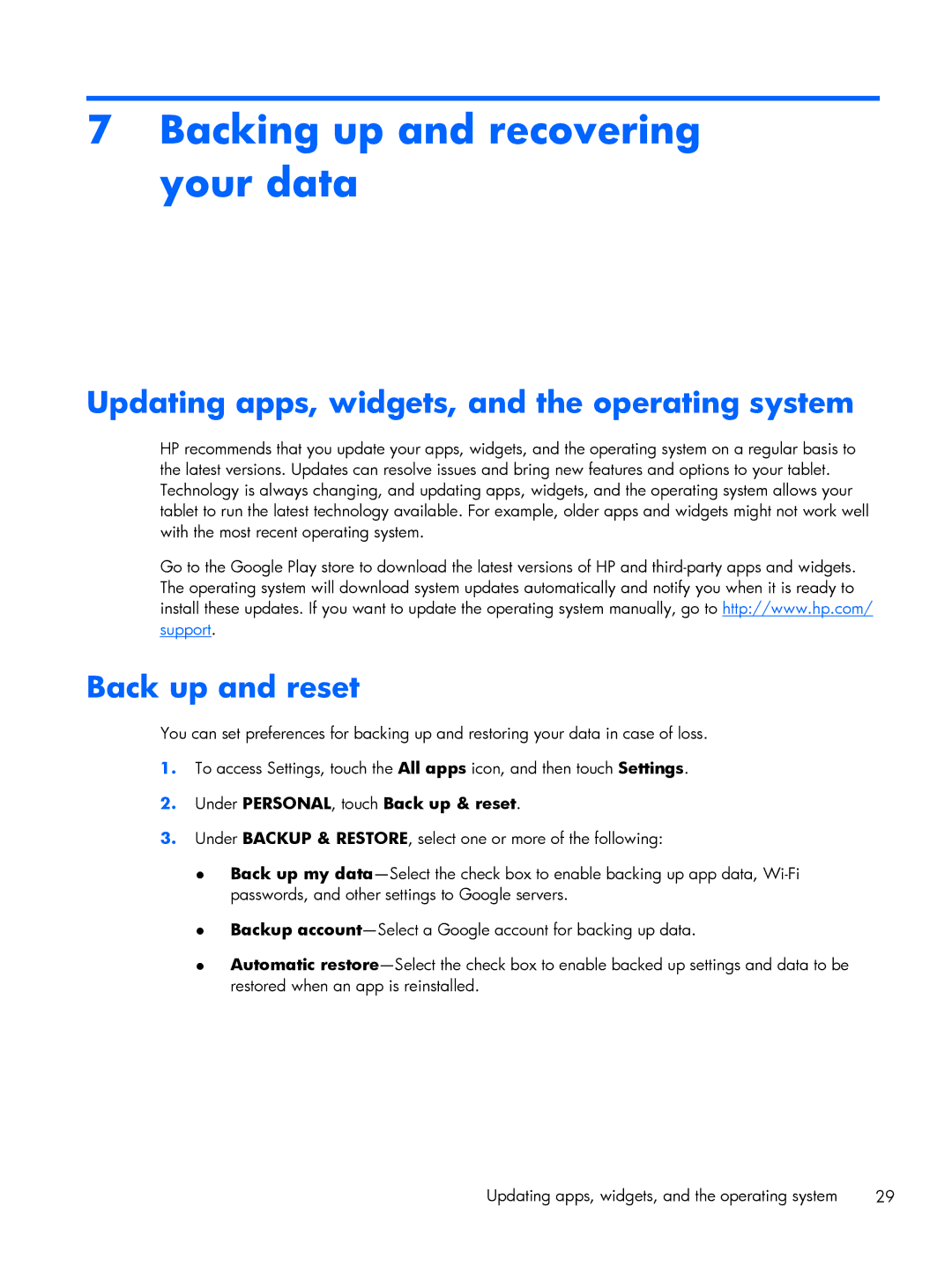 HP 7 Extreme Backing up and recovering your data, Updating apps, widgets, and the operating system, Back up and reset 