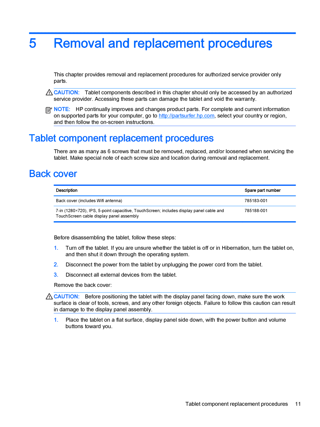 HP 7 G2 - 1315, 7 G2 - 1311 manual Removal and replacement procedures, Tablet component replacement procedures, Back cover 