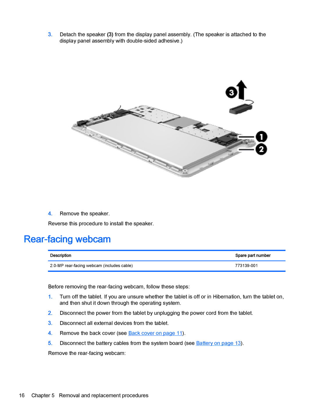 HP 7 G2 - 1311, 7 G2 - 1315 manual Rear-facing webcam, Description Spare part number 