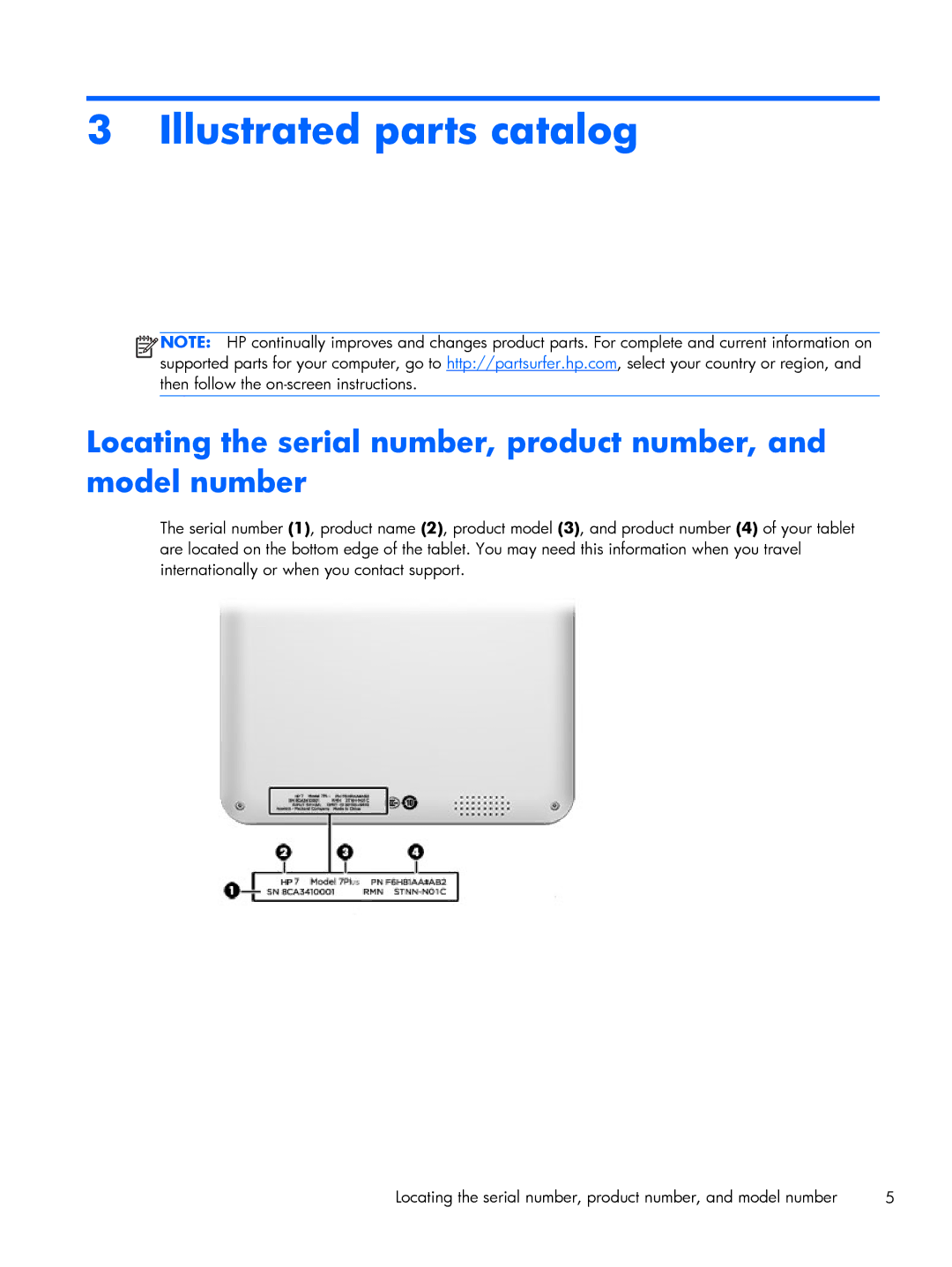 HP 7 Plus 1301, 7 Plus 1302us manual Illustrated parts catalog, Locating the serial number, product number, and model number 