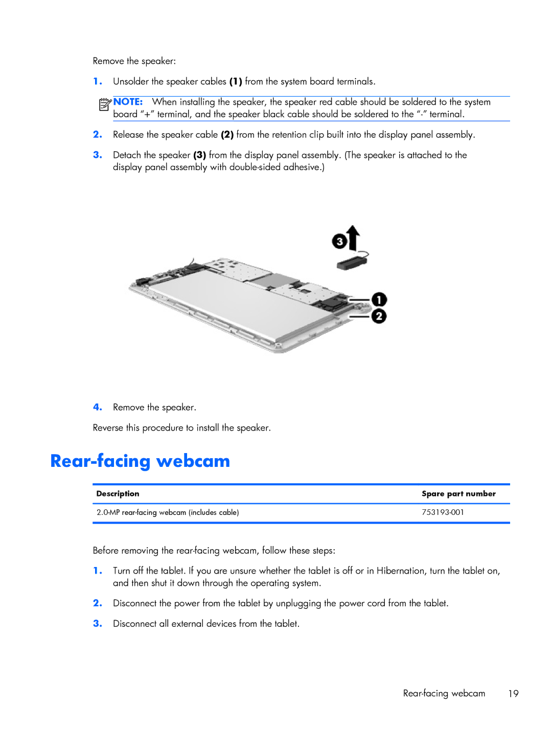 HP 7 Plus 1301, 7 Plus 1302us manual Rear-facing webcam, Description Spare part number 