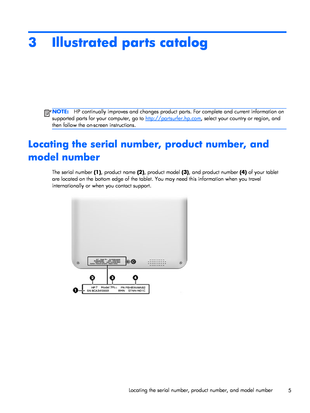 HP 7 Plus 1301, 7 Plus 1302us manual Illustrated parts catalog, Locating the serial number, product number, and model number 