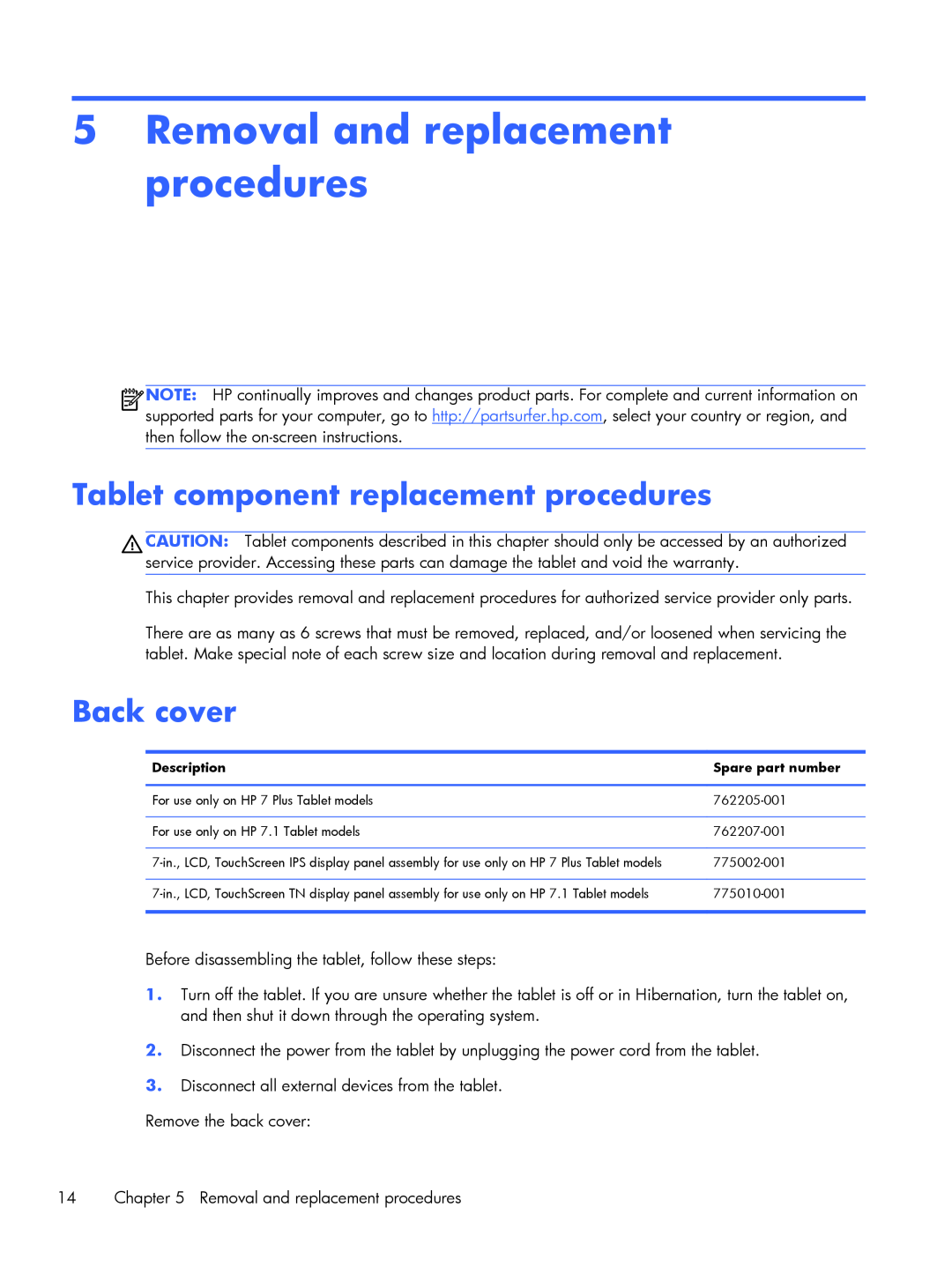 HP 7 Plus 1302us, 7 Plus 1301 manual Removal and replacement procedures, Tablet component replacement procedures, Back cover 
