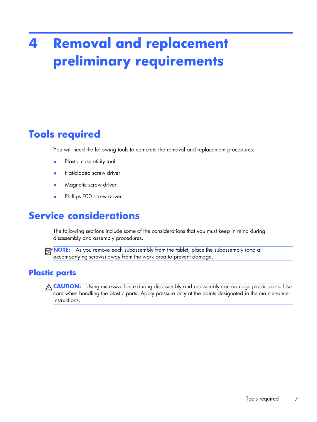 HP 7 Plus 4200ca, 7 Plus 4200us Removal and replacement preliminary requirements, Tools required, Service considerations 