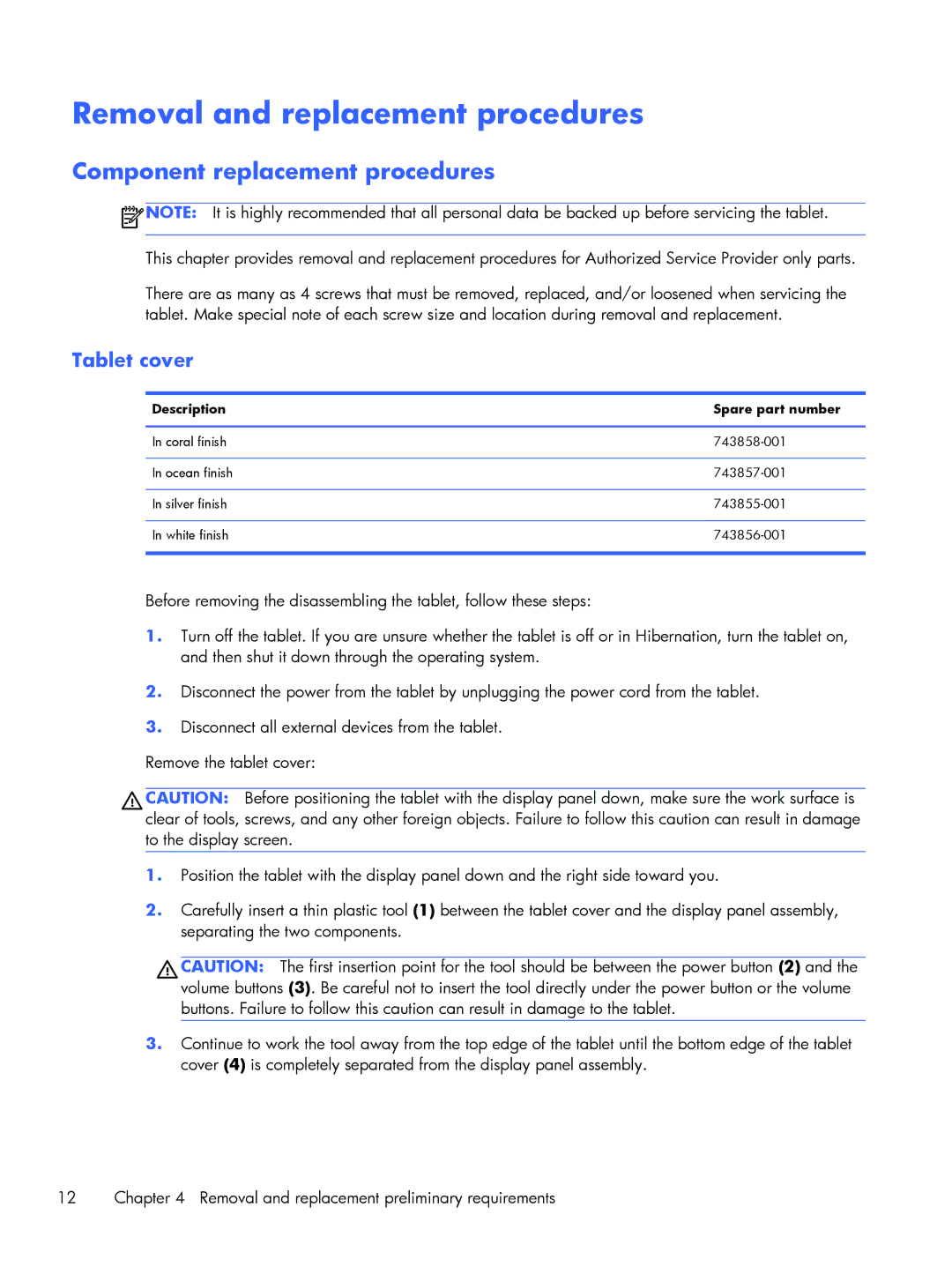HP 7 Plus 4200us, 7 Plus 4200ca manual Removal and replacement procedures, Tablet cover, Description Spare part number 