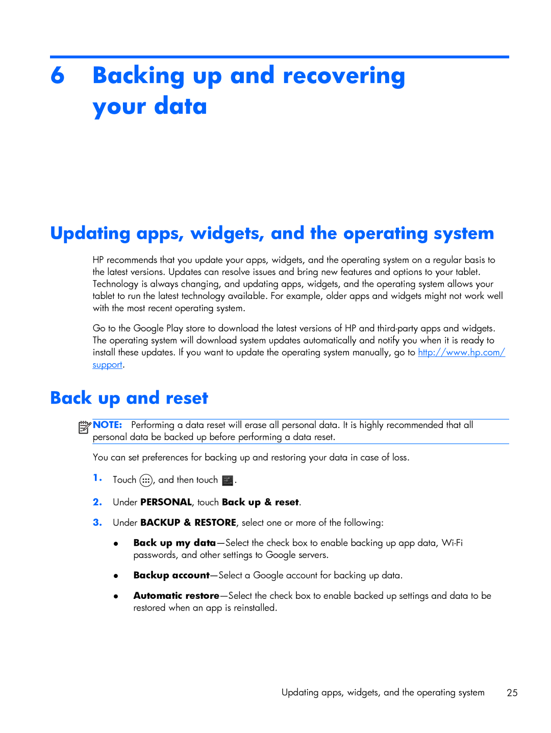 HP 7 Plus 4200ca Backing up and recovering your data, Updating apps, widgets, and the operating system, Back up and reset 