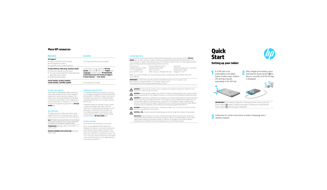 HP 7 Plus II 1331 manual More HP resources, Setting up your tablet, Location 