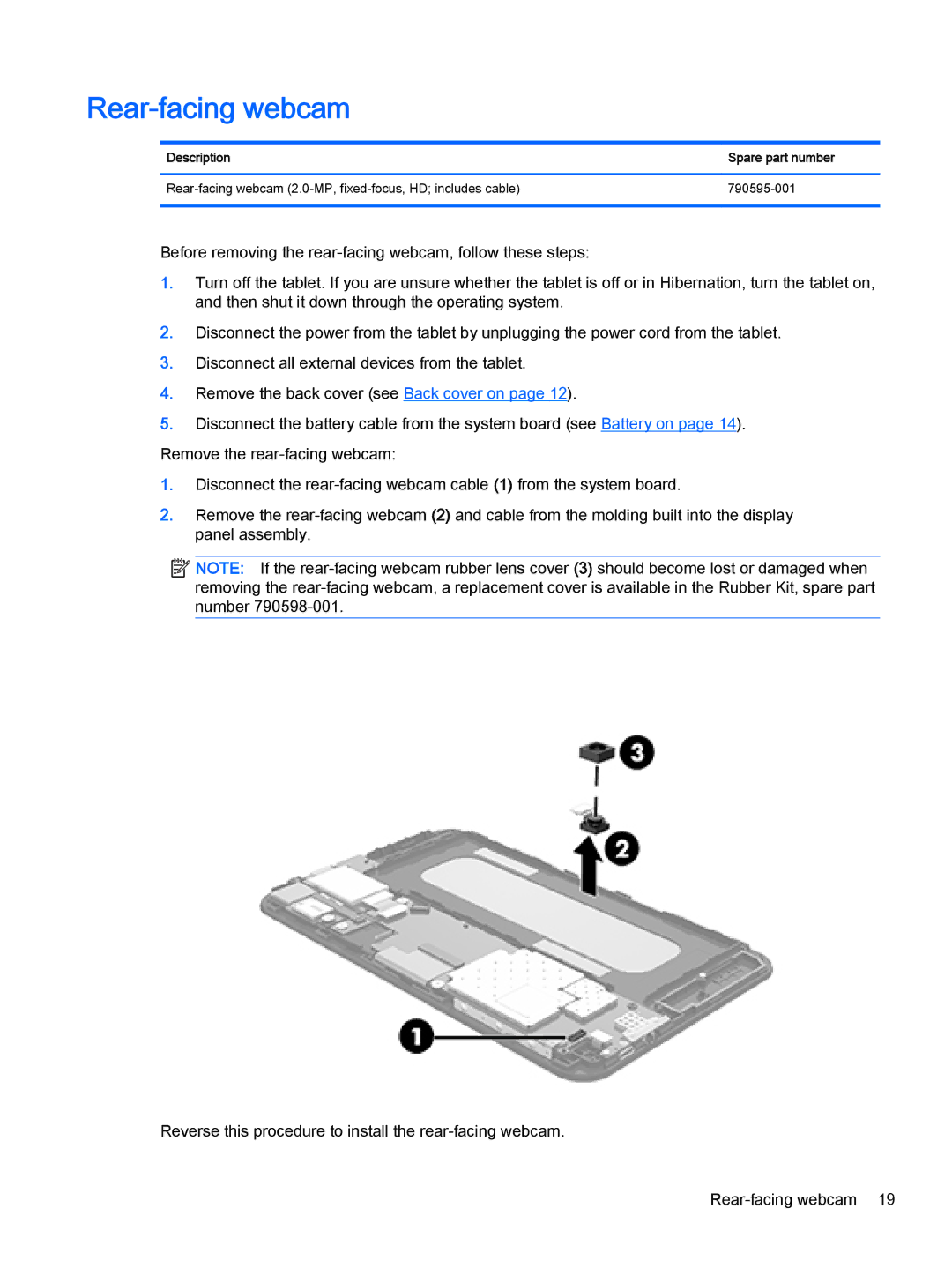 HP 7 Plus II 1331 manual Rear-facing webcam, Description Spare part number 