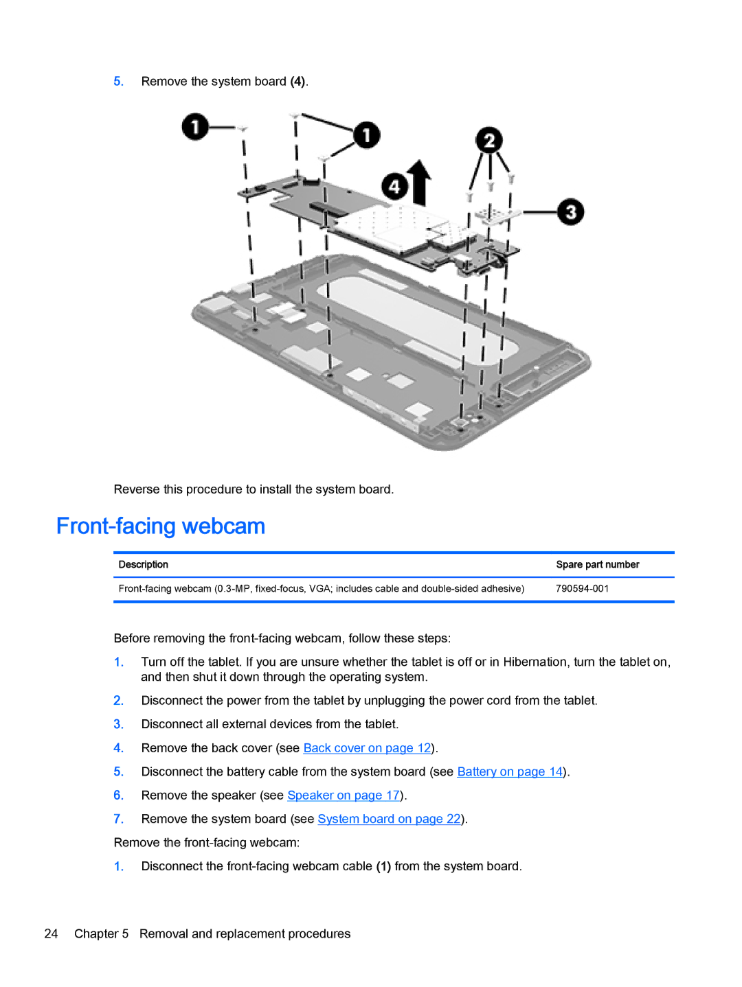 HP 7 Plus II 1331 manual Front-facing webcam, Description Spare part number 