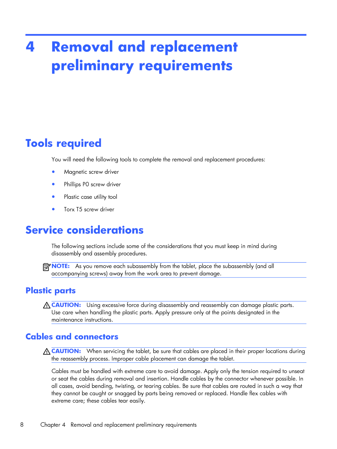 HP 7 VoiceTab, 7 3G manual Removal and replacement preliminary requirements, Tools required, Service considerations 