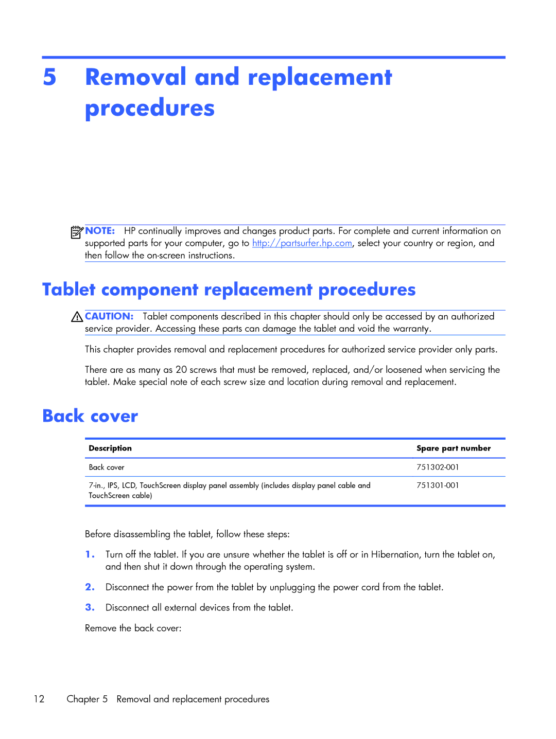 HP 7 VoiceTab, 7 3G manual Removal and replacement procedures, Tablet component replacement procedures, Back cover 