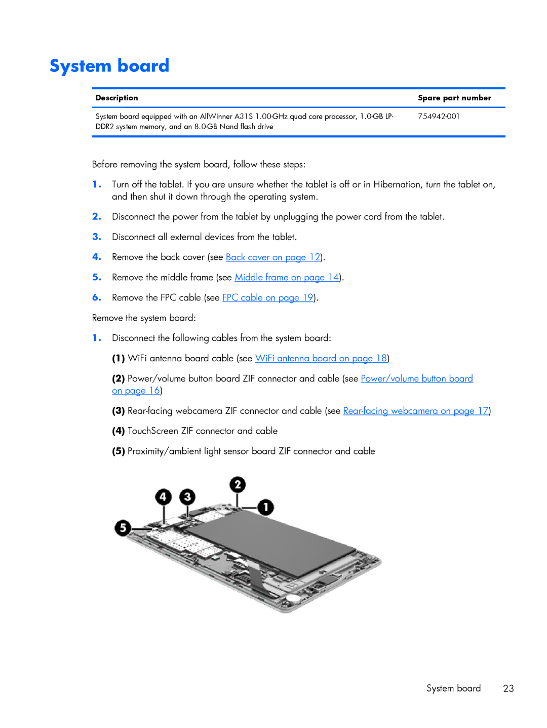 HP 7 3G, 7 VoiceTab manual System board, Description Spare part number 