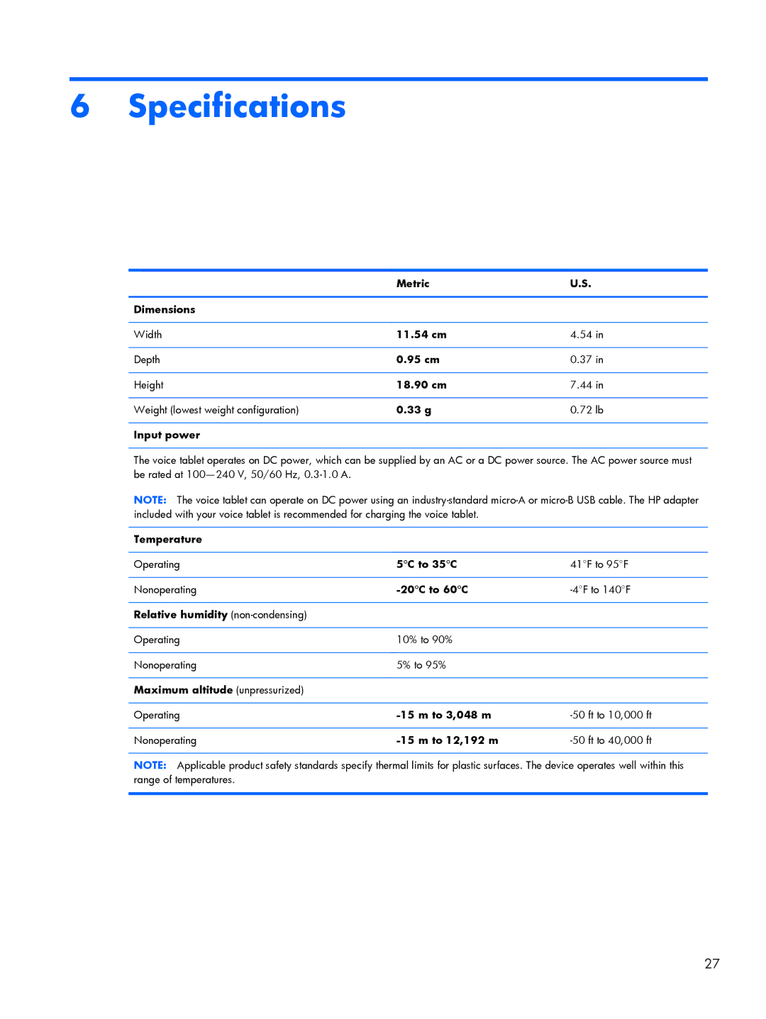 HP 7 3G, 7 VoiceTab manual Specifications 