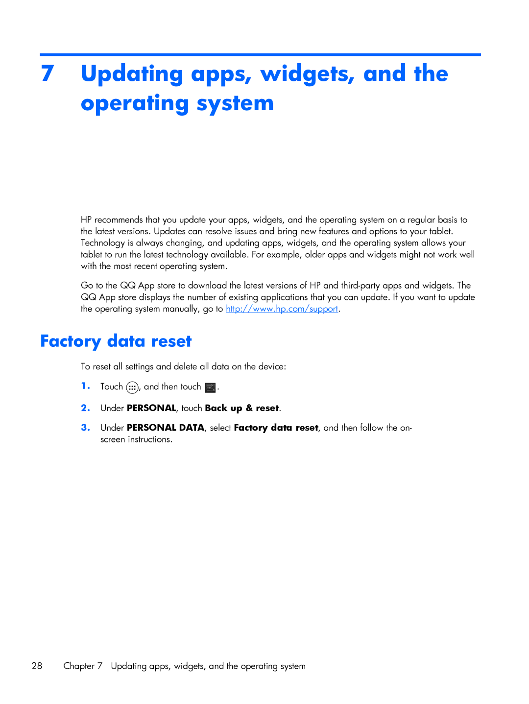 HP 7 VoiceTab, 7 3G manual Updating apps, widgets, and the operating system, Factory data reset 