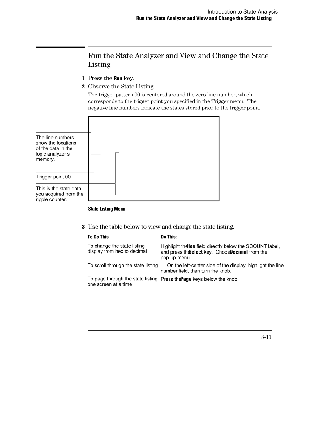 HP 1660, 70 manual Press the Run key Observe the State Listing, Use the table below to view and change the state listing 