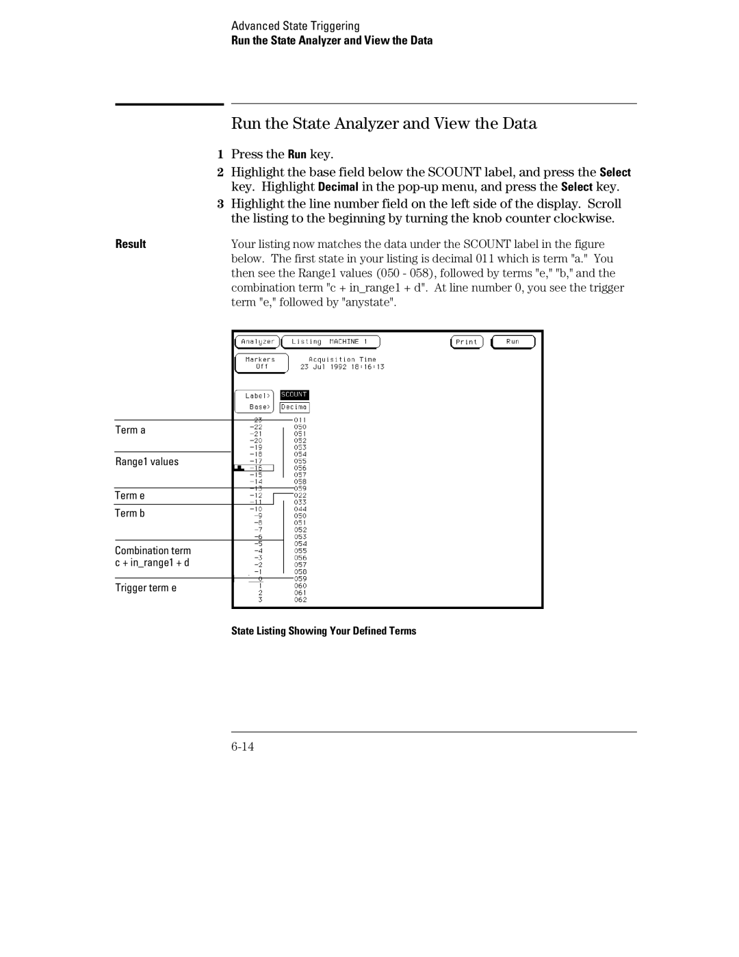 HP 70, 1660 manual Run the State Analyzer and View the Data, Term e, followed by anystate 