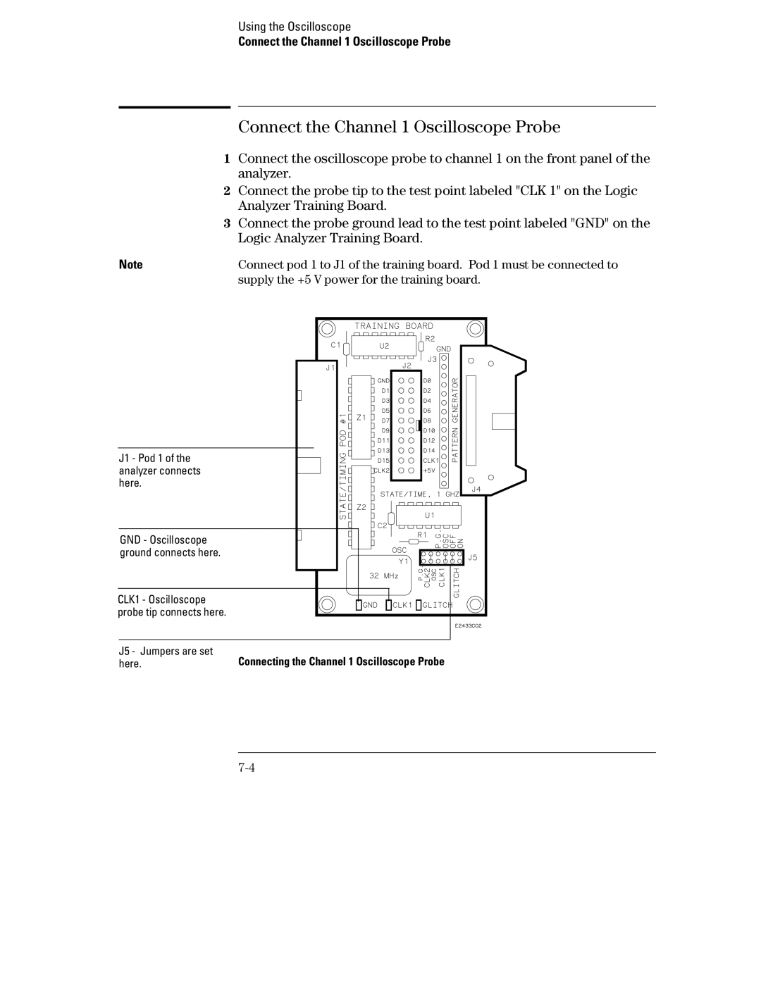 HP 70, 1660 manual Connect the Channel 1 Oscilloscope Probe, Supply the +5 V power for the training board 