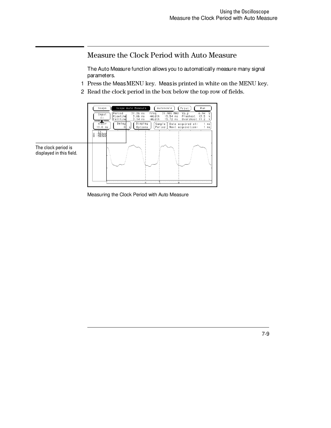 HP 1660, 70 manual Measure the Clock Period with Auto Measure, Read the clock period in the box below the top row of fields 