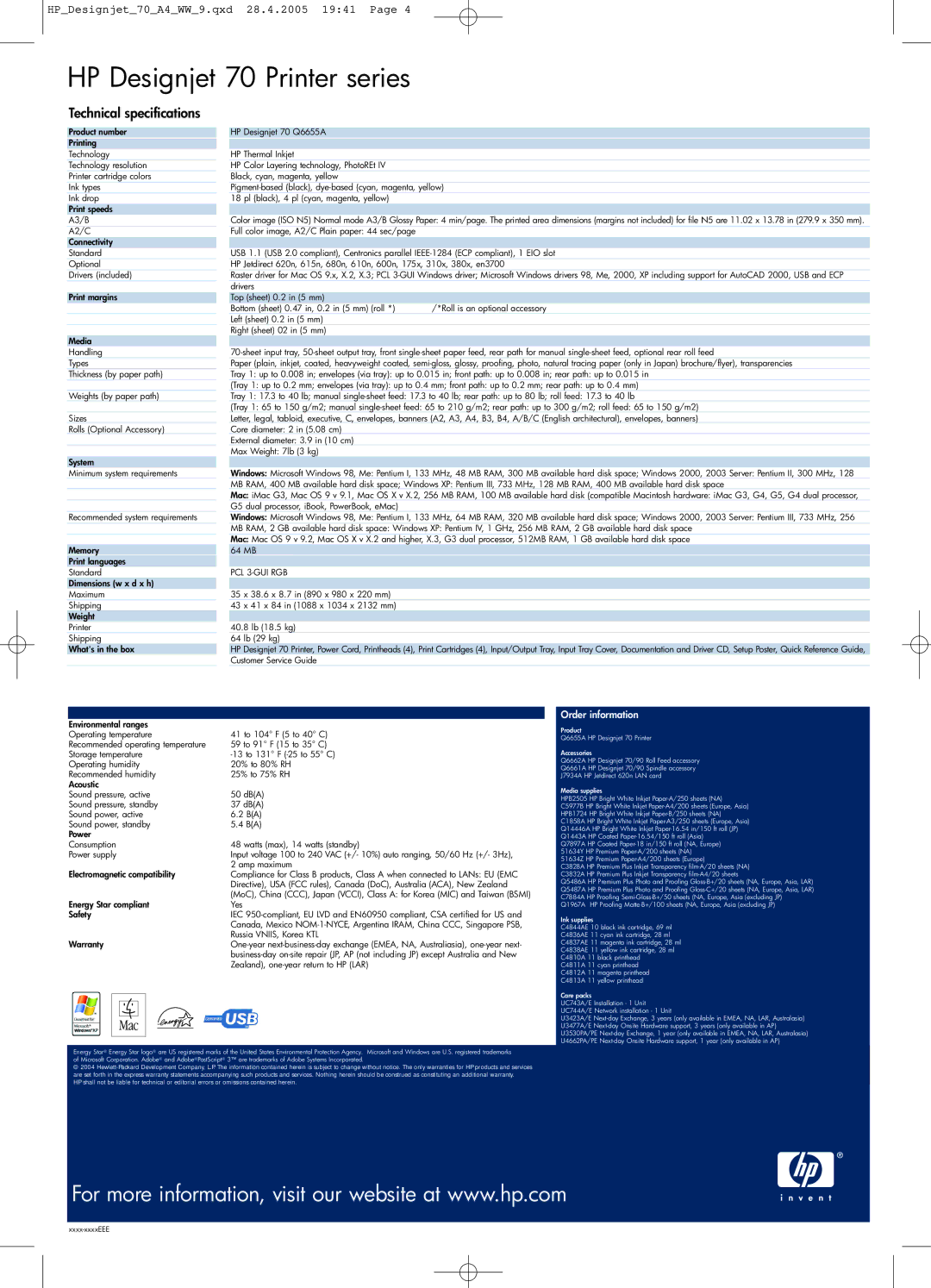 HP manual HP Designjet 70 Printer series, Technical specifications 