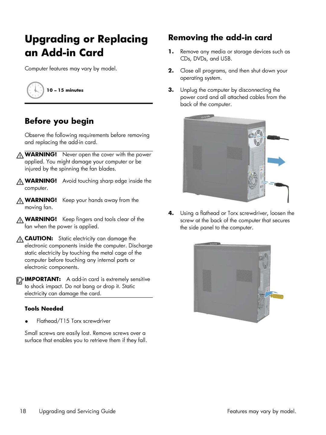 HP h8-1423, 700-047c, 700-000t, 700-030, 700-019, 700-010xt Upgrading or Replacing an Add-in Card, Removing the add-in card 