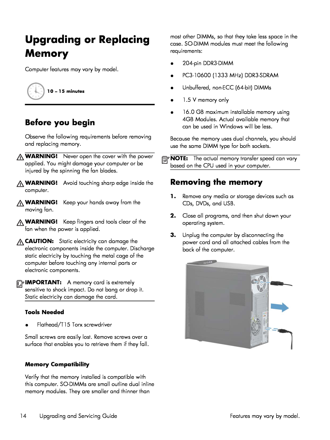 HP h8-1440t manual Upgrading or Replacing Memory, Removing the memory, Memory Compatibility, Before you begin, Tools Needed 