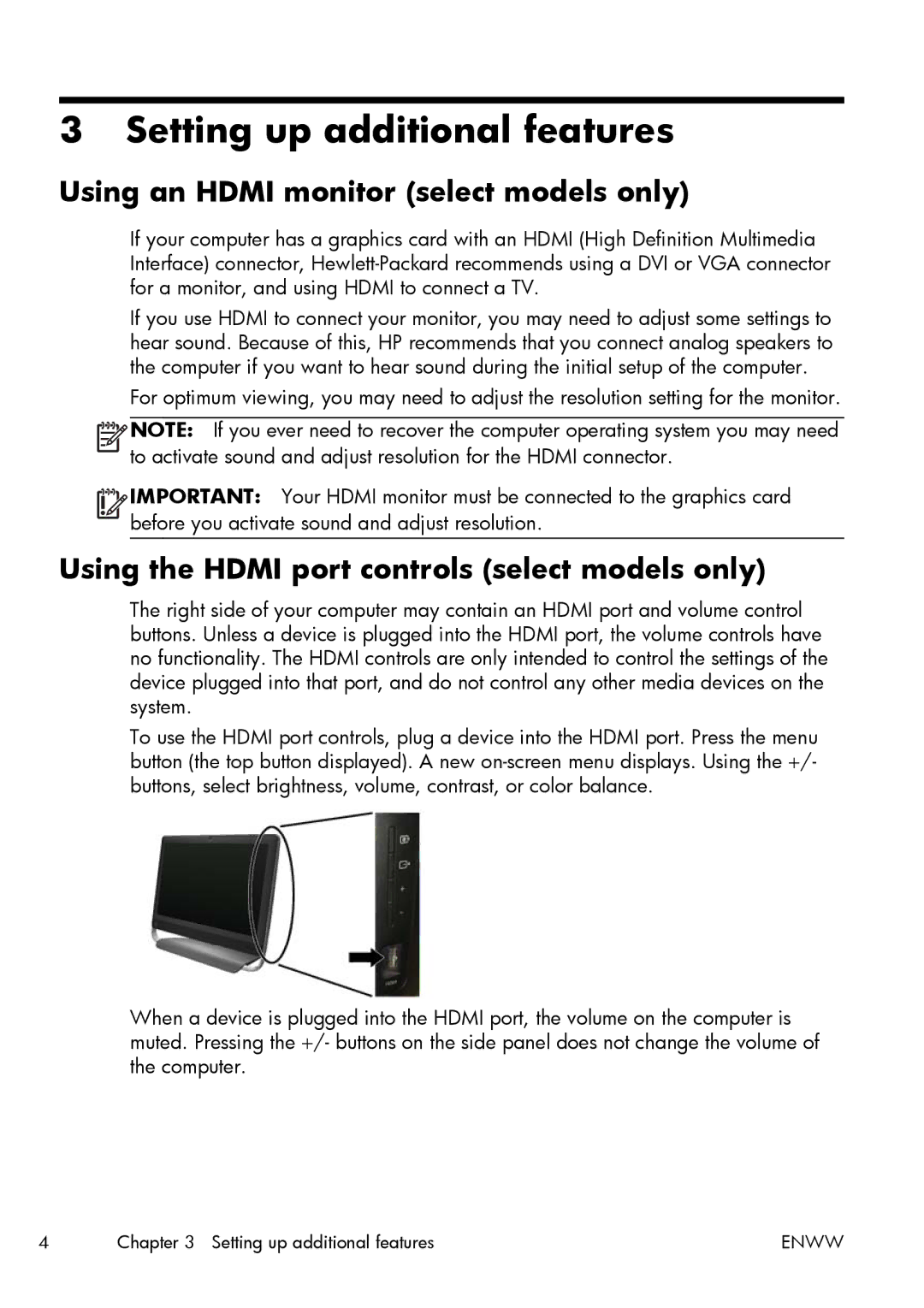 HP h8-1520z, 700-047c, 700-010, 700-000z, 700-000t Setting up additional features, Using an Hdmi monitor select models only 