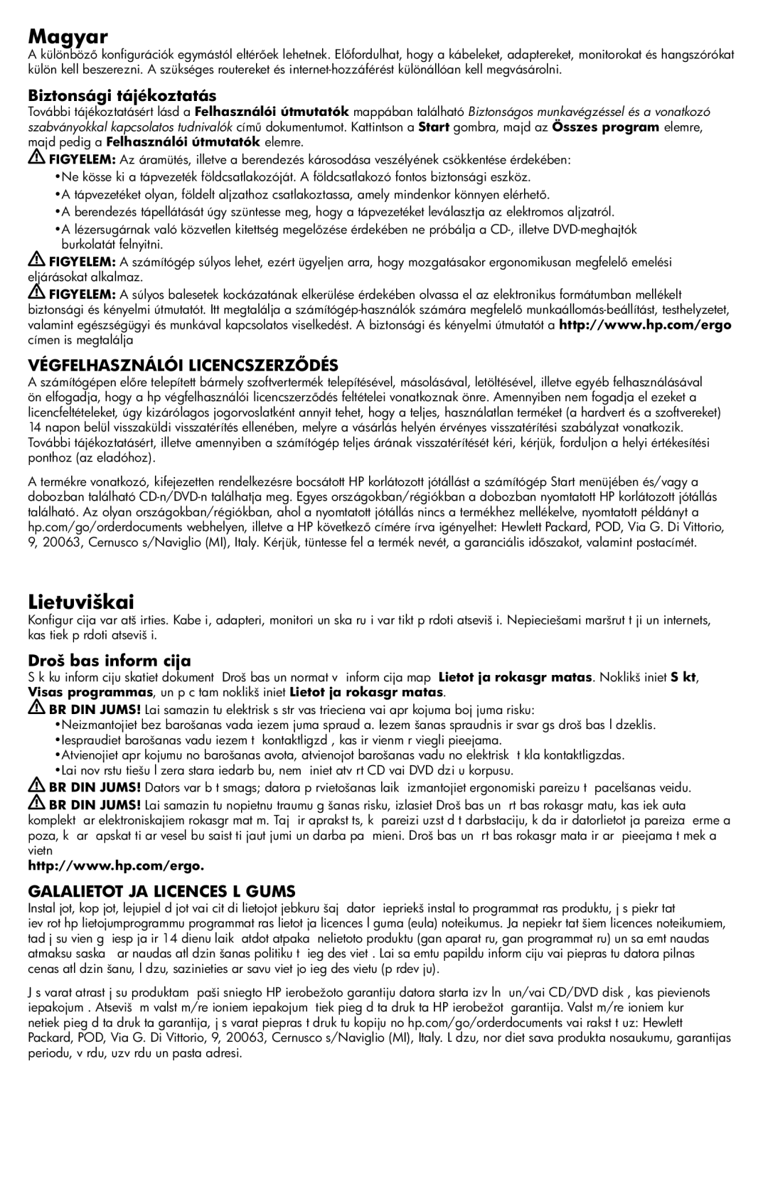 HP h8-1520t, 700-047c, 700-010, 700-000z Magyar, Lietuviškai, Végfelhasználói Licencszerződés, Galalietotāja Licences Līgums 