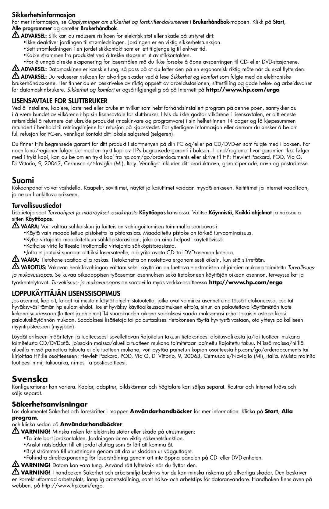 HP h8-1540t, 700-047c Suomi, Svenska, Lisensavtale for Sluttbruker, Loppukäyttäjän Lisenssisopimus, Säkerhetsanvisningar 