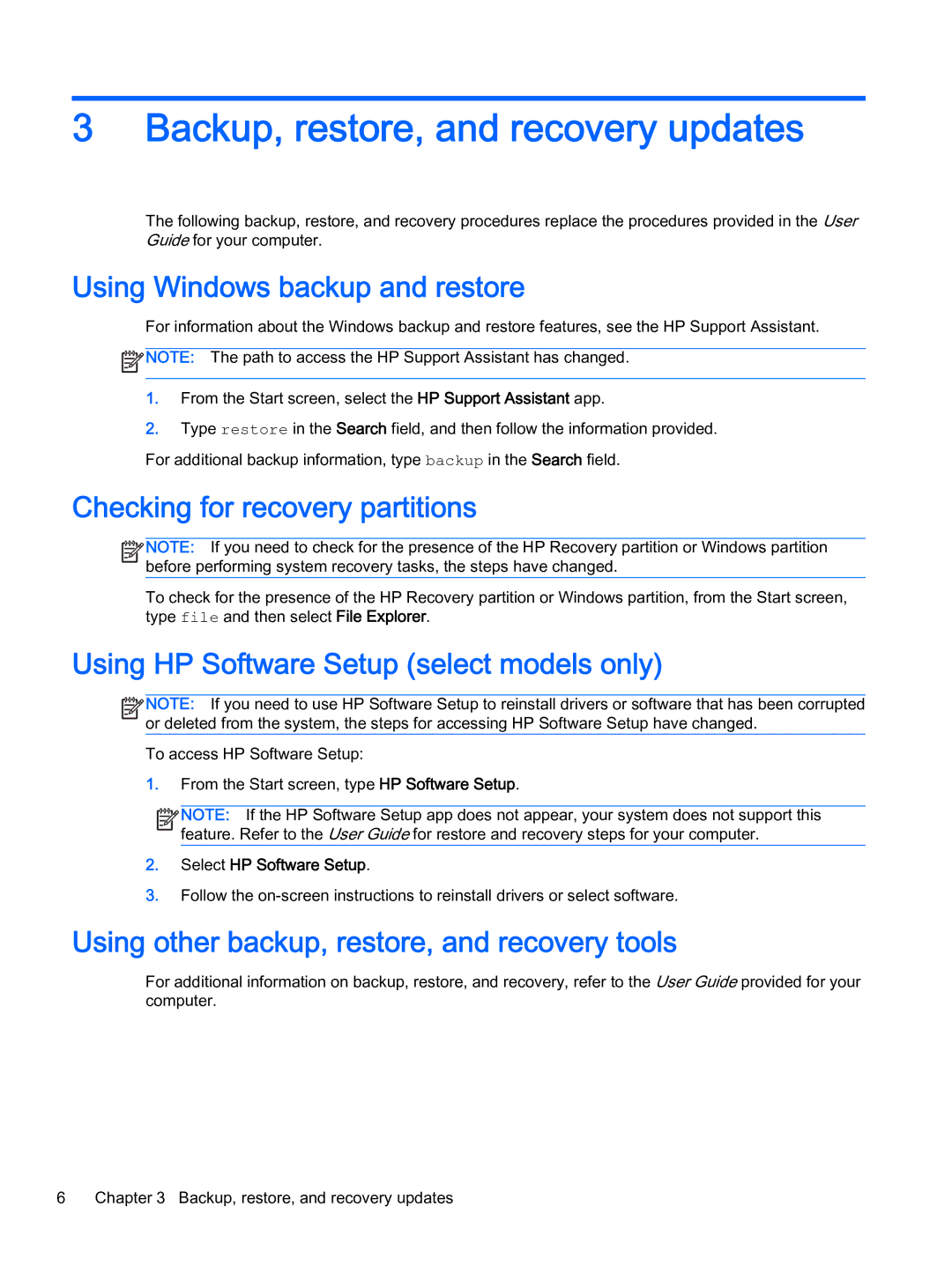 HP 700 G1 manual Backup, restore, and recovery updates, Using Windows backup and restore, Checking for recovery partitions 