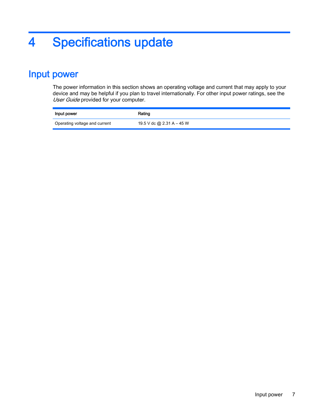 HP 700 G1 manual Specifications update, Input power 