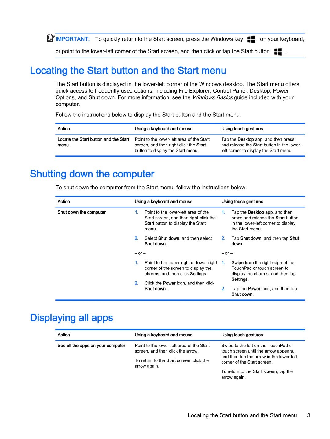 HP 700 G1 manual Locating the Start button and the Start menu, Shutting down the computer, Displaying all apps 