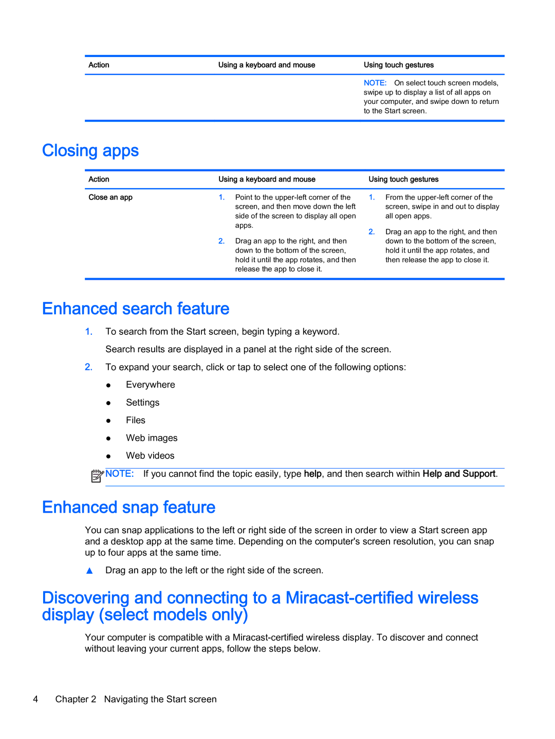 HP 700 G1 manual Closing apps, Enhanced search feature, Enhanced snap feature, Action Using a keyboard and mouse 