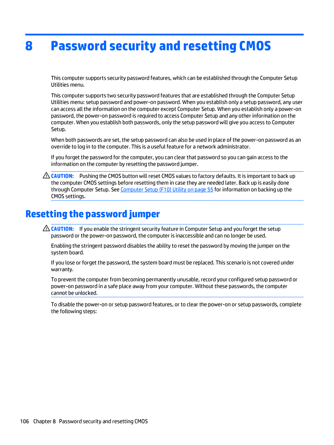 HP 700 G1 manual Password security and resetting Cmos, Resetting the password jumper 