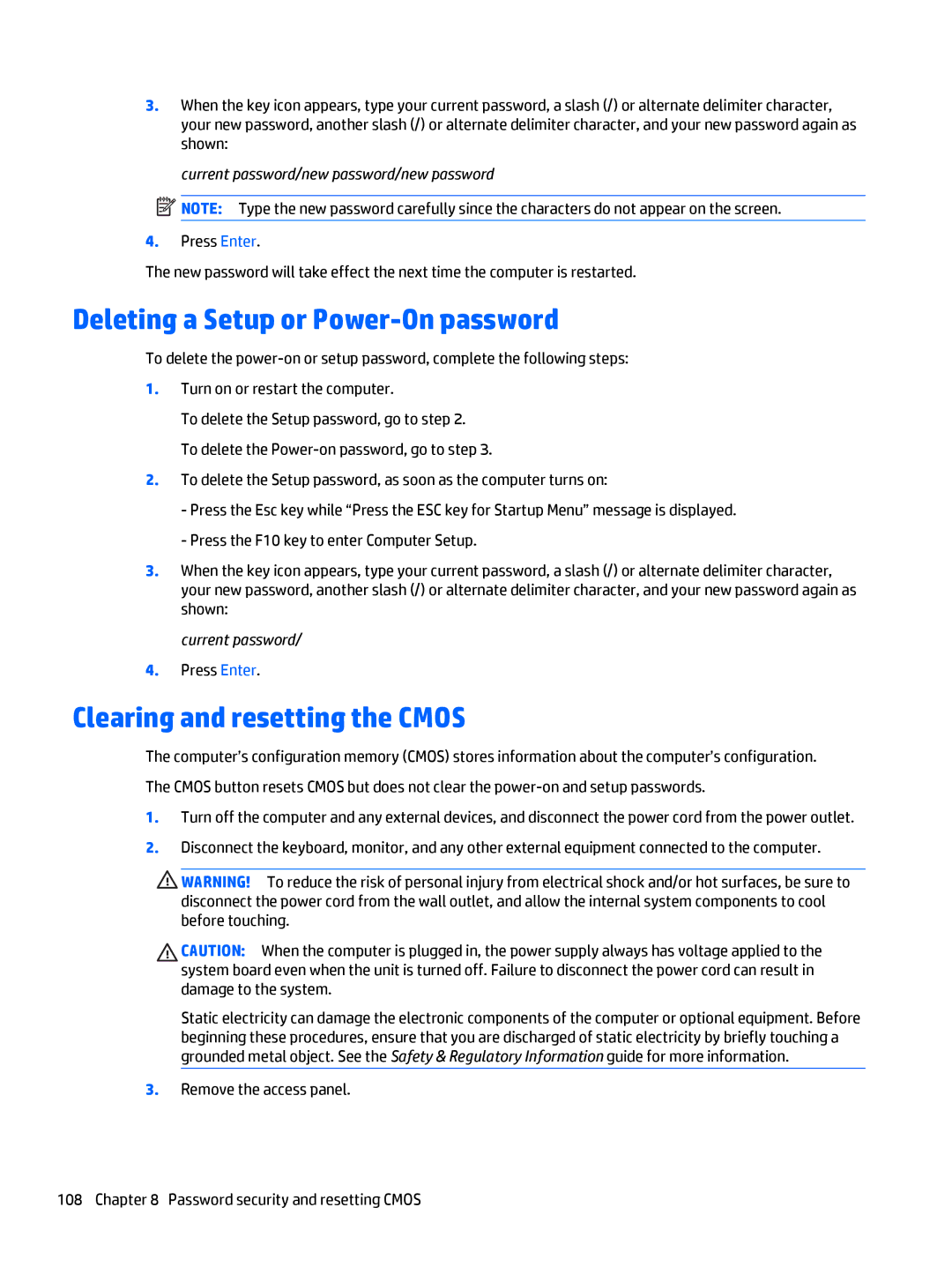 HP 700 G1 manual Deleting a Setup or Power-On password, Clearing and resetting the Cmos, Press Enter 