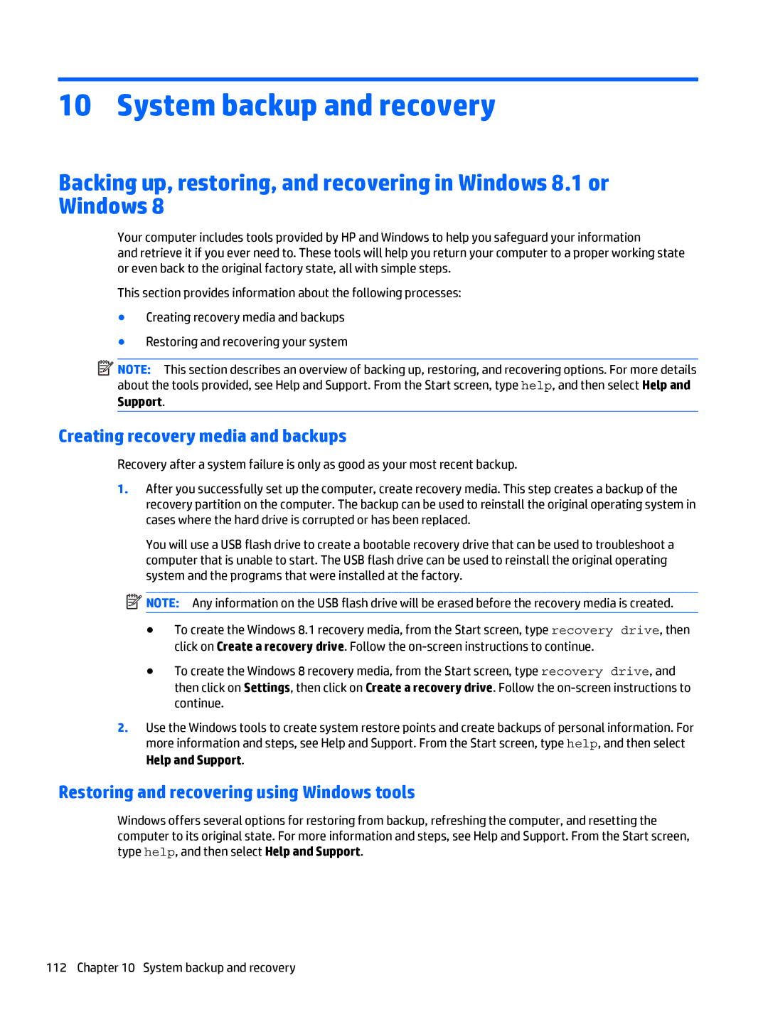 HP 700 G1 System backup and recovery, Creating recovery media and backups, Restoring and recovering using Windows tools 