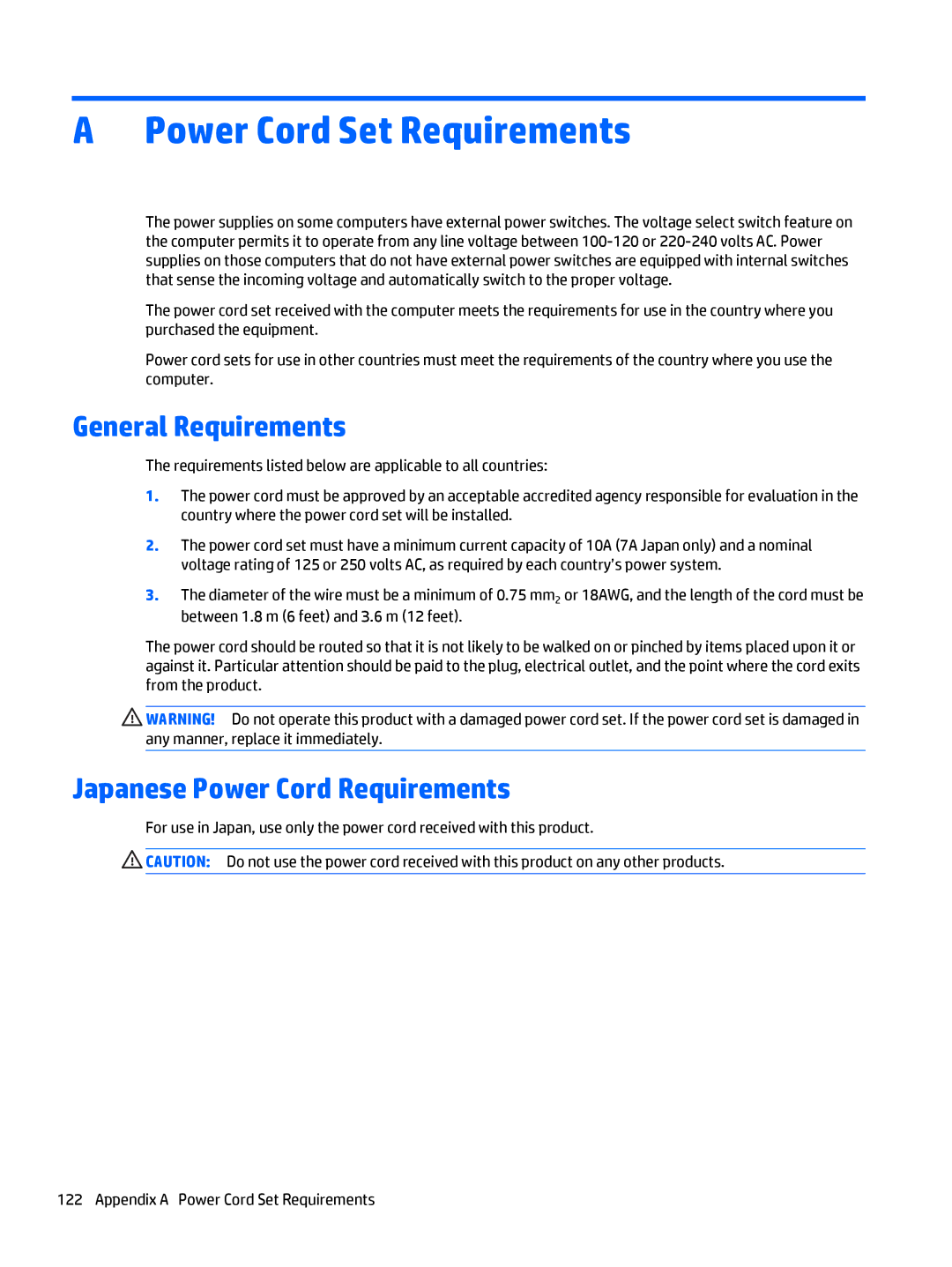 HP 700 G1 manual Power Cord Set Requirements, General Requirements, Japanese Power Cord Requirements 