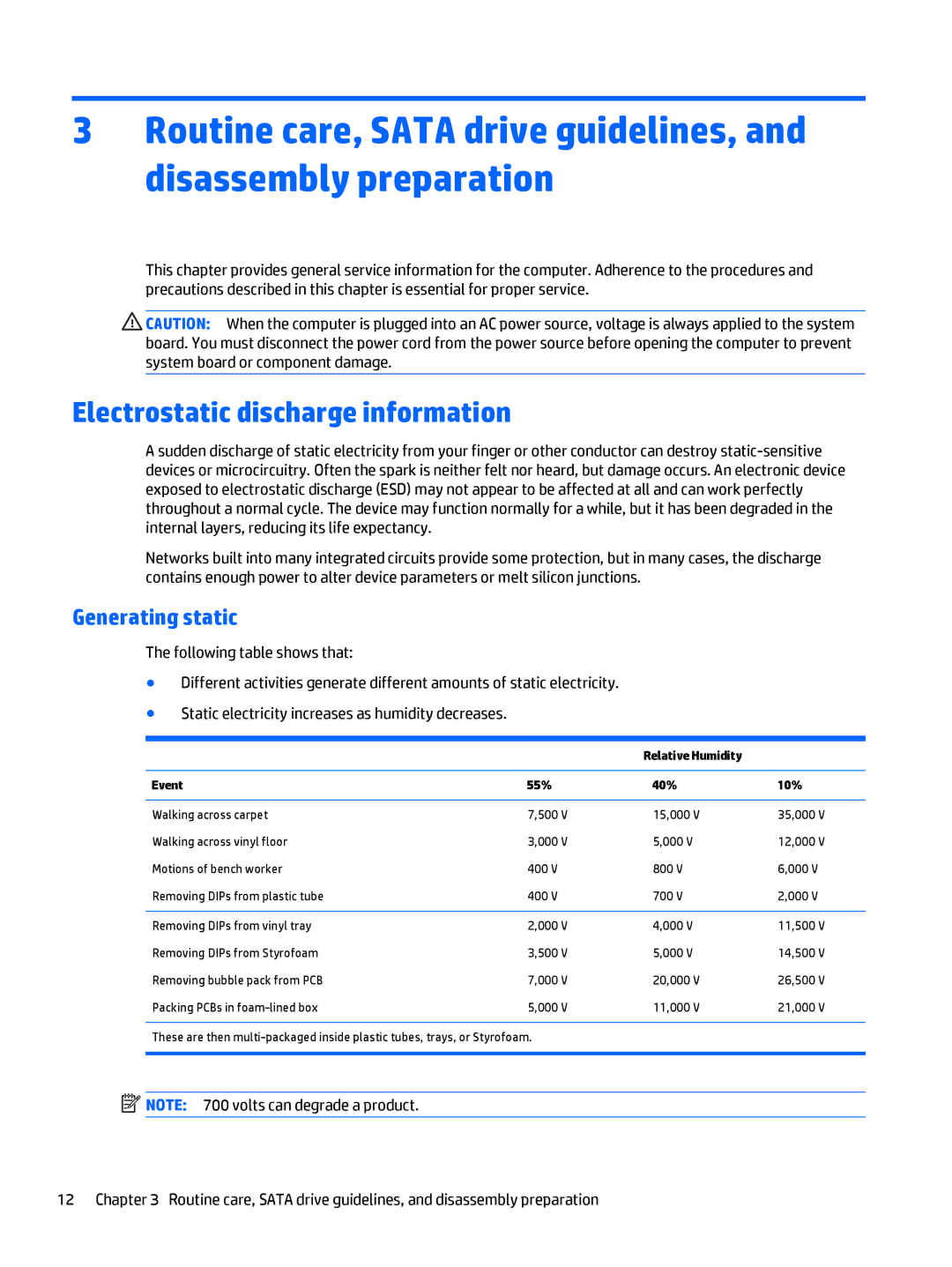 HP 700 G1 manual Electrostatic discharge information, Generating static, Relative Humidity Event 55% 40% 10% 