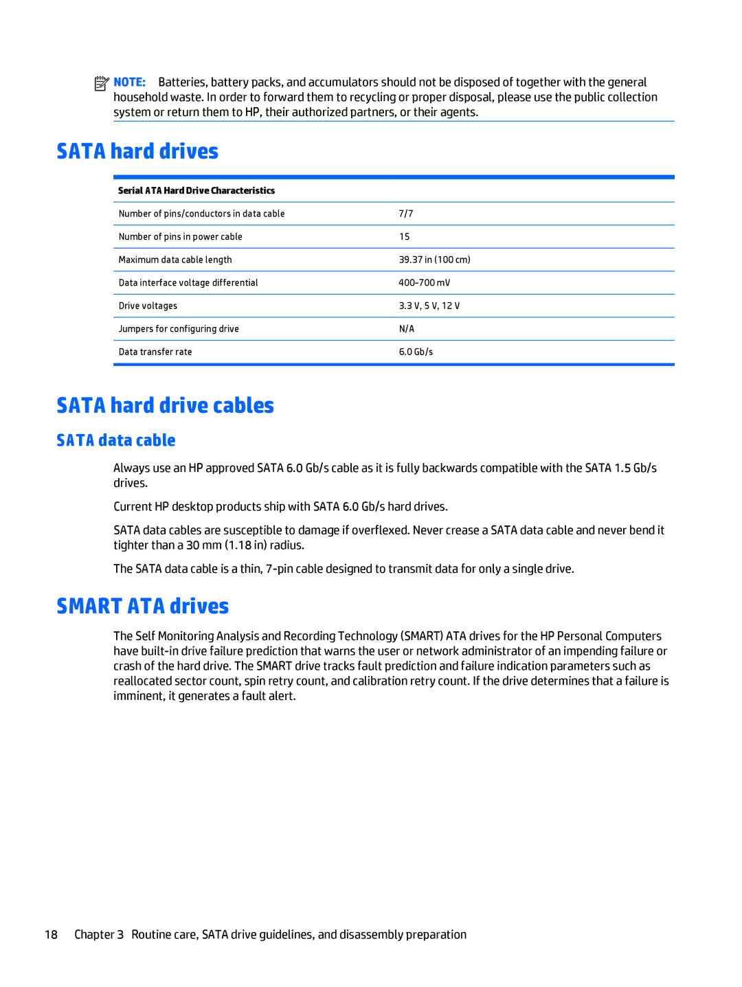 HP 700 G1 manual Sata hard drives, Sata hard drive cables, Smart ATA drives, Sata data cable 