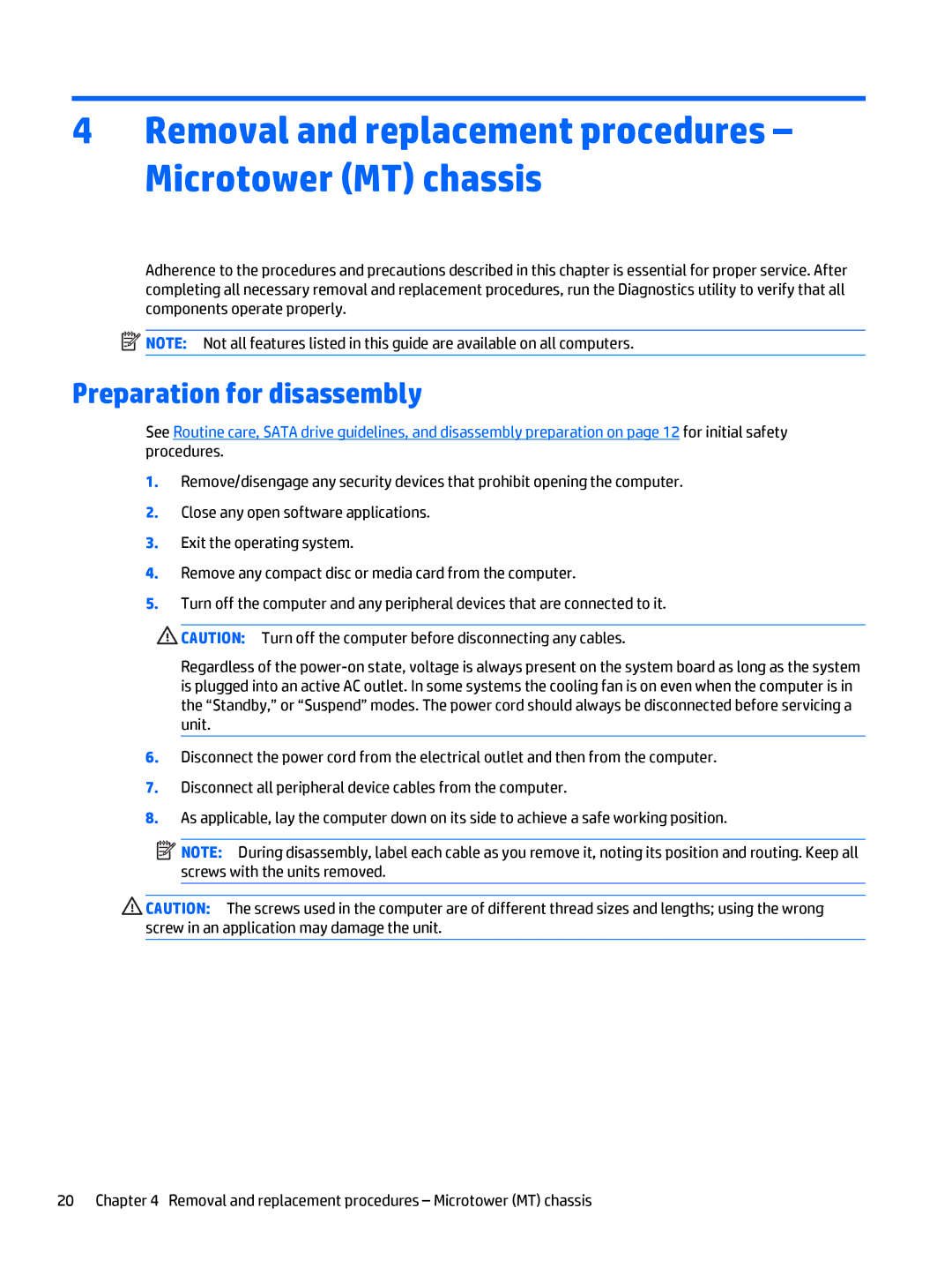 HP 700 G1 manual Removal and replacement procedures Microtower MT chassis, Preparation for disassembly 