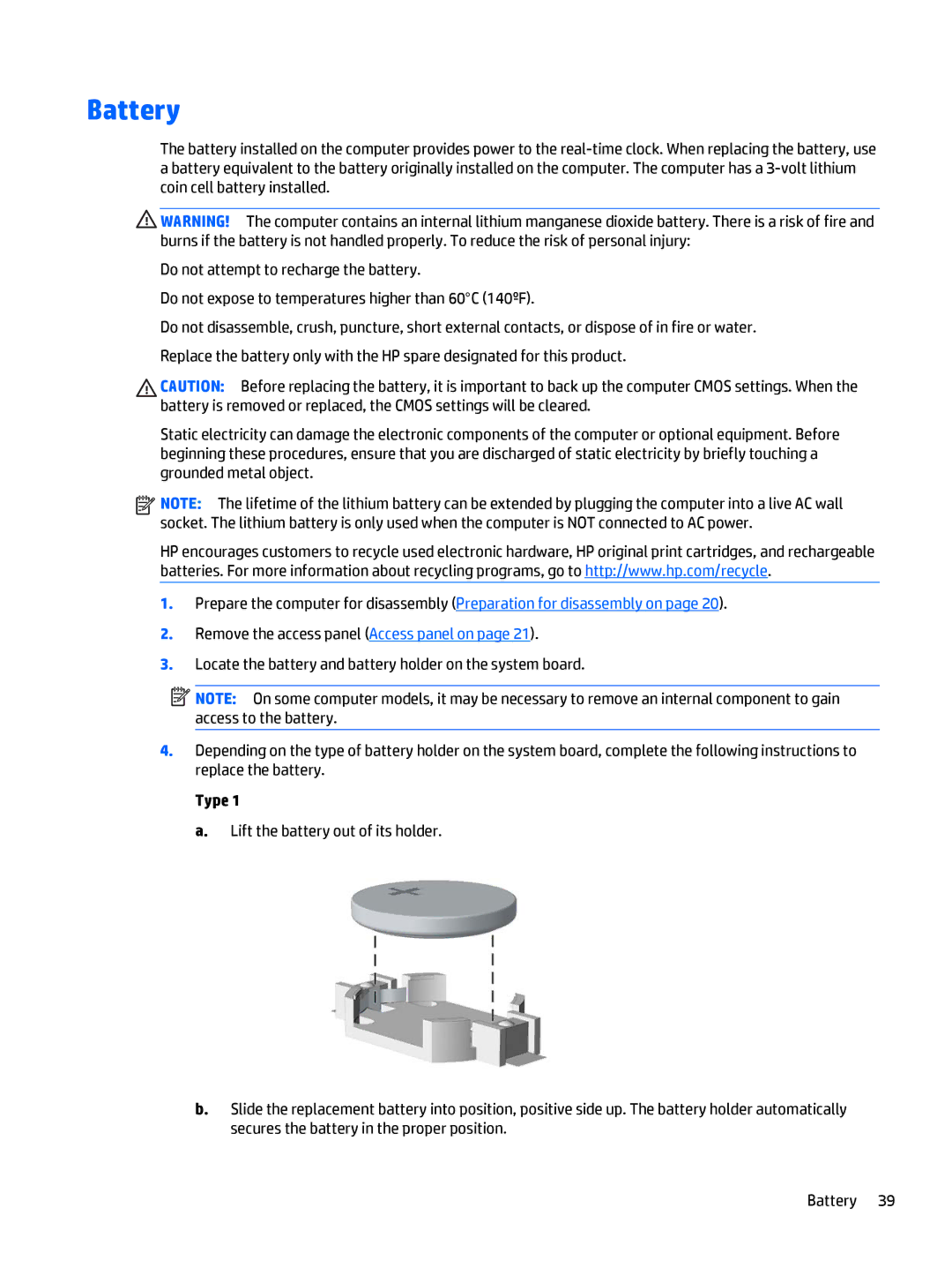 HP 700 G1 manual Battery, Type 