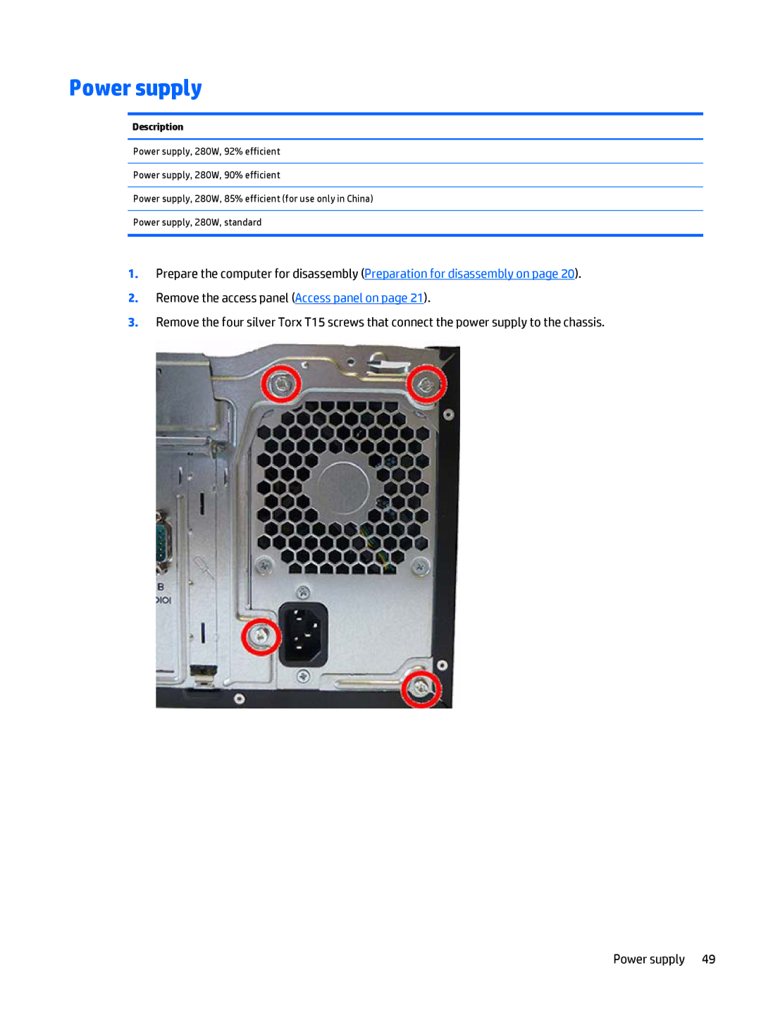 HP 700 G1 manual Power supply, Description 