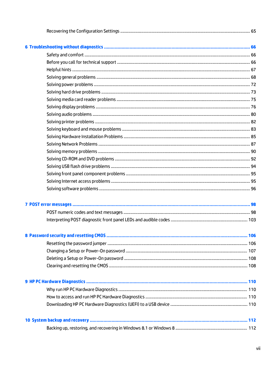 HP 700 G1 manual 103, 106, 107, 108, 110, 112, Vii 