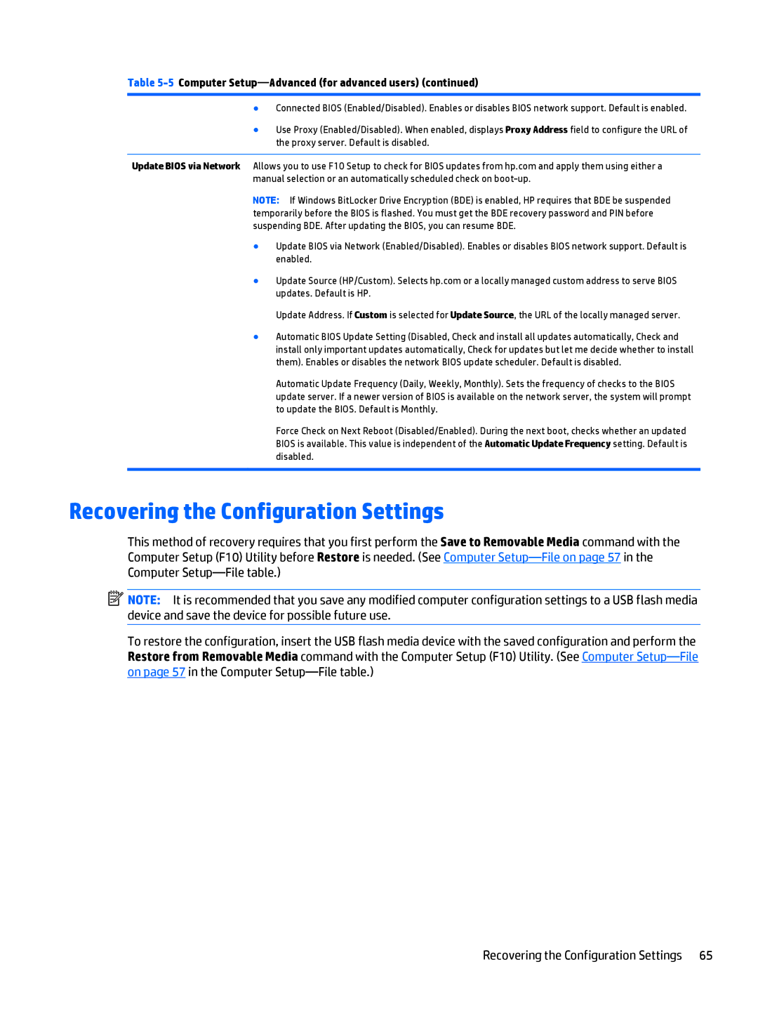 HP 700 G1 manual Recovering the Configuration Settings 