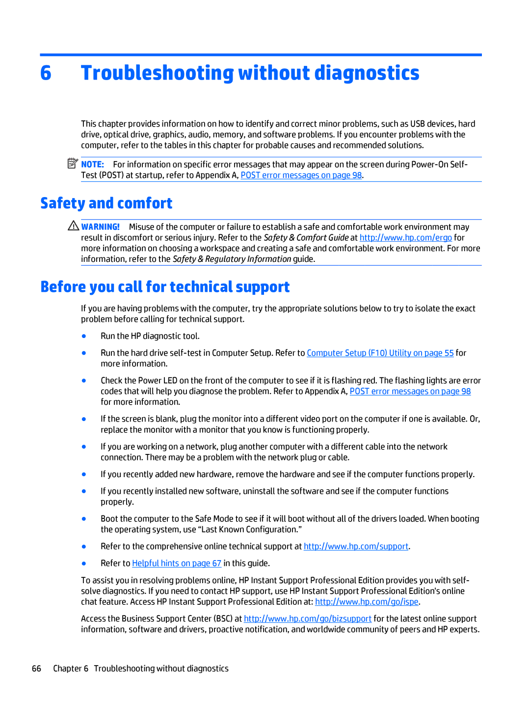 HP 700 G1 manual Troubleshooting without diagnostics, Safety and comfort Before you call for technical support 