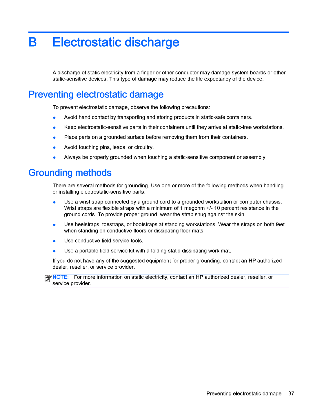 HP 700 G1 manual Electrostatic discharge, Preventing electrostatic damage, Grounding methods 