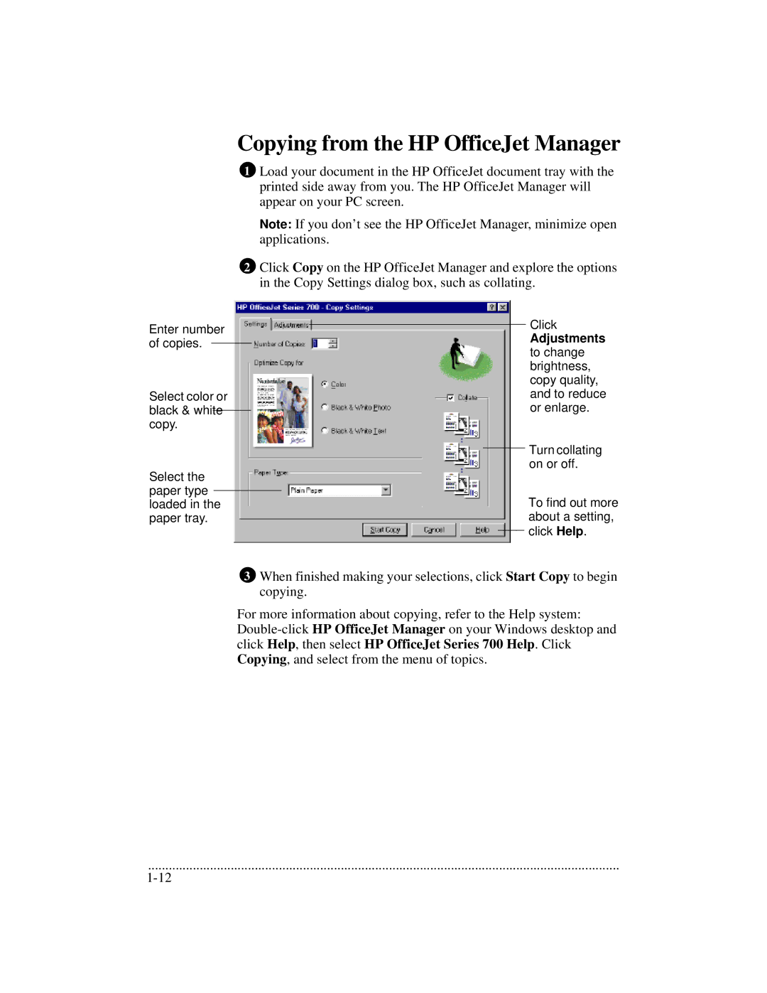 HP 700 manual Copying from the HP OfficeJet Manager, Adjustments 