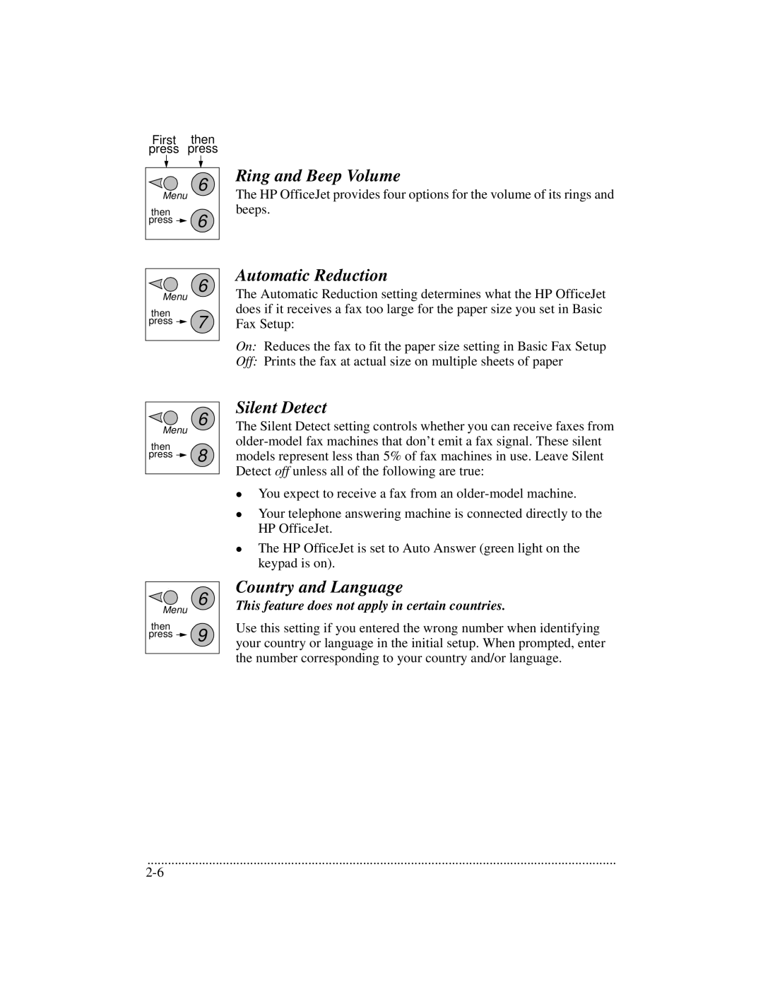 HP 700 manual Ring and Beep Volume, Automatic Reduction, Silent Detect, Country and Language 