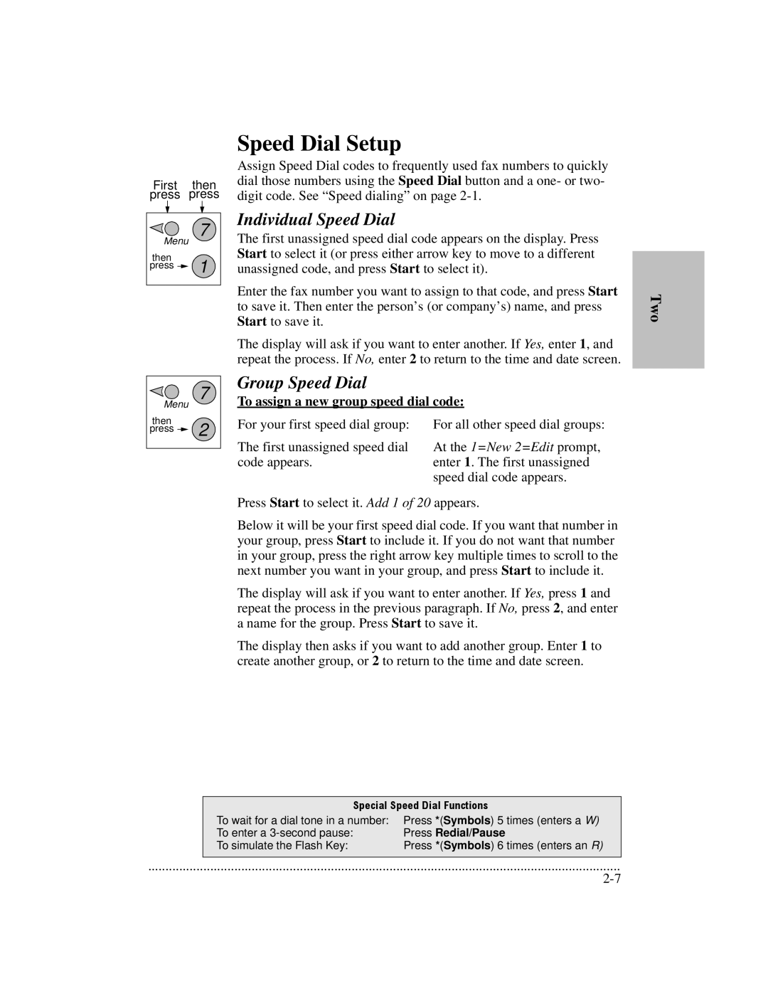 HP 700 manual Speed Dial Setup, Individual Speed Dial, Group Speed Dial, To assign a new group speed dial code 